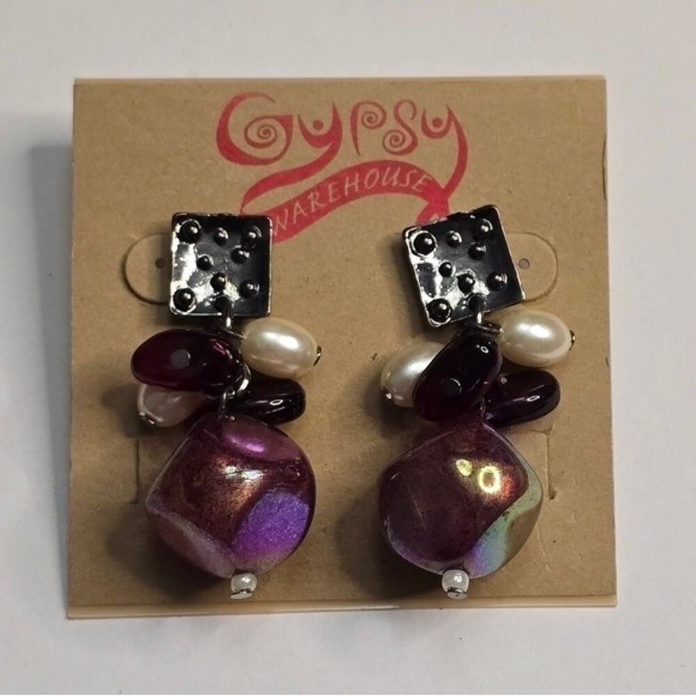 Treska Gypsy Purple Iridescent Faux Pearl Cluster Drop Earrings Silver Tone New